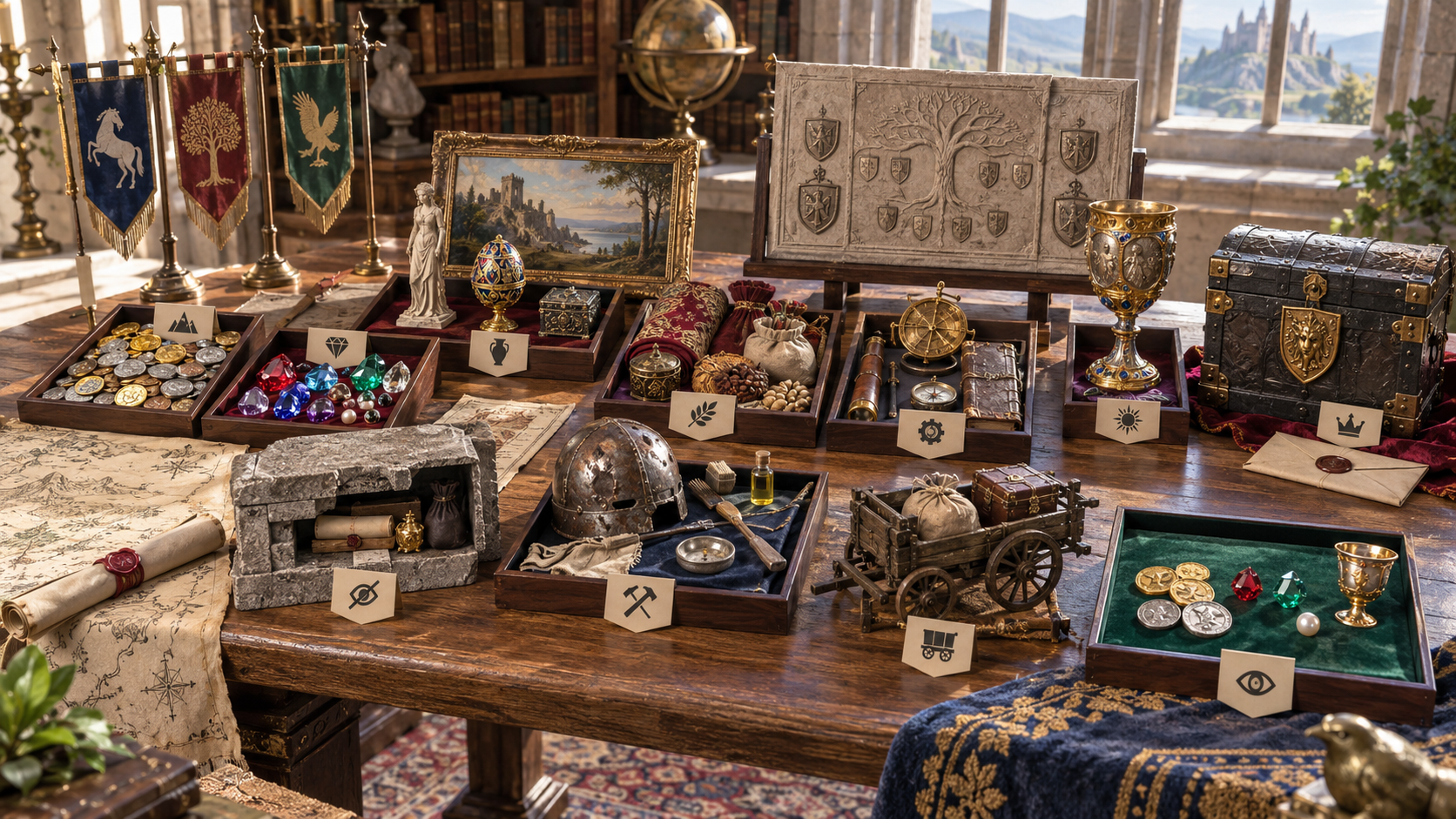 Illustration of complete treasure trays with valuables heraldry hidden cache damaged equipment and loaded cart