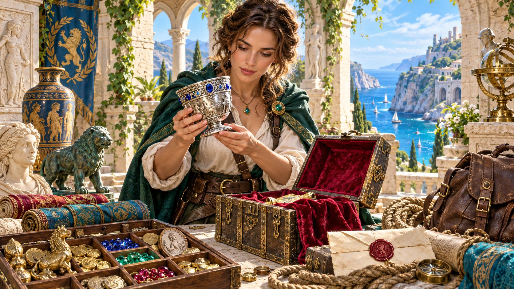 Illustration of an adventurer inspecting a decorated goblet beside a treasure chest coins gems and documents