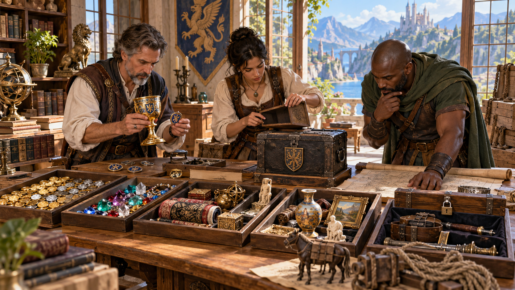 Illustration of three planners reviewing a chest heraldic tokens map and sorted treasure
